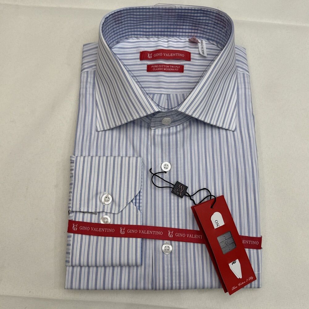 Gino Valentino Men's 17.5-36/37 Modern Striped Dress Shirt Blue/White NEW w Tags